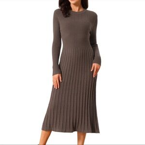 Ribbed Knit Long Sleeve Midi Dress - coffee